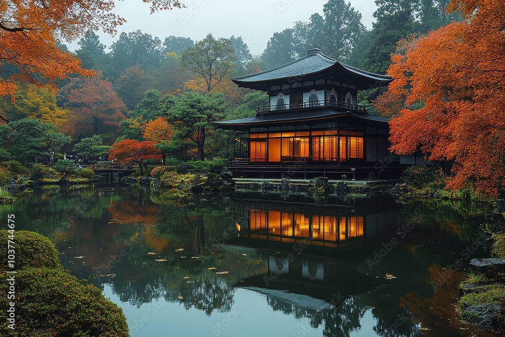 Japanese temple by a peaceful lake in autumn Japanese temple by a peaceful lake in autumn
