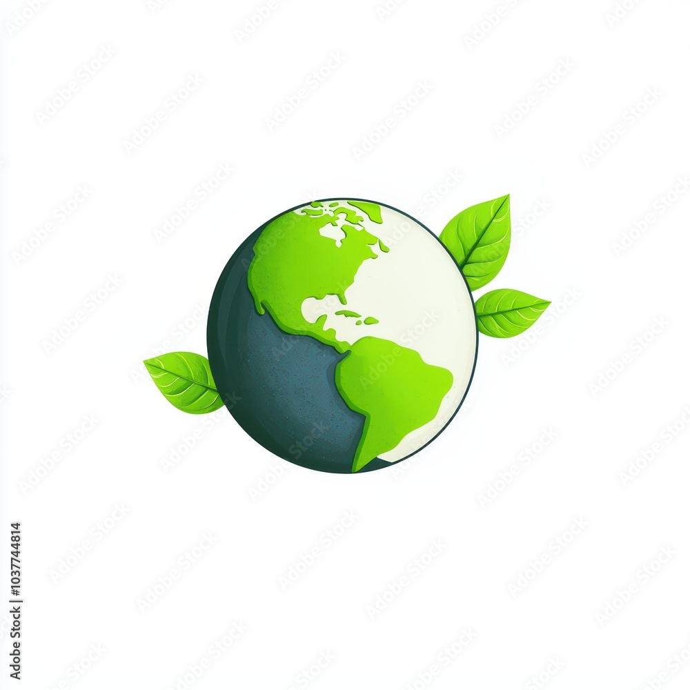 Earth globe surrounded by green leaves, symbolizing sustainability and nature, white isolated background.