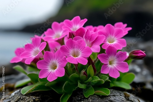 Rushrose plants growing along a rocky shoreline, their delicate flowers adding color to the rugged landscape photo