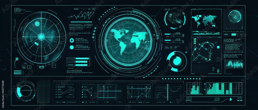 Fototapeta premium Futuristic digital interface with data graphs and world map, isolated on a dark background.