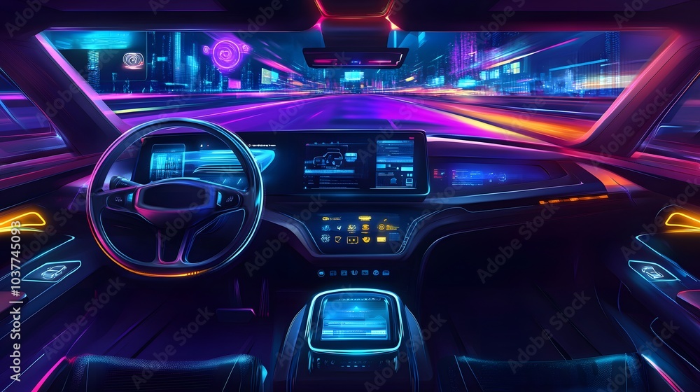 Car interior with Self driving , Auto pilot and internet of thin futuristic . icon illustration . Autonomous car system technology concept . Car interior with Self driving , Auto pilot and internet of thin futuristic . icon illustration . Autonomous car system technology concept .