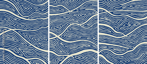 Abstract hand drawn line art pattern, ink, engraving wood carving Japanese style wave background on indigo blue and white, simple organic pattern for textile, stationary, wrapping paper