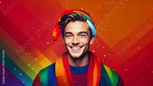 A joyful image of a gay man proudly wearing an LGBTQ+ pride jumper, set against a festive background featuring the colors of the LGBTQ+ pride flag and Christmas decorations.