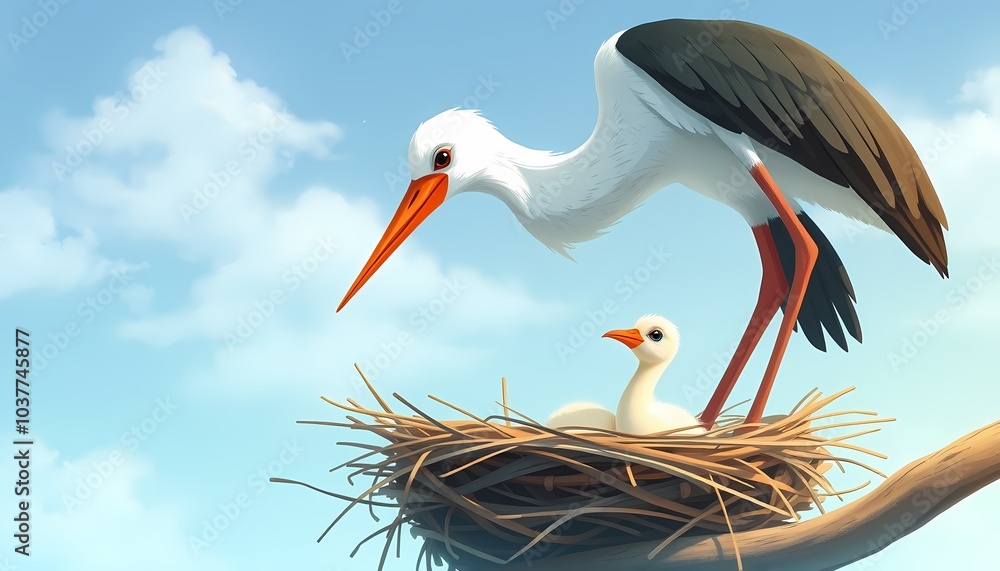 Fototapeta premium Stork Bird Family in a Nest