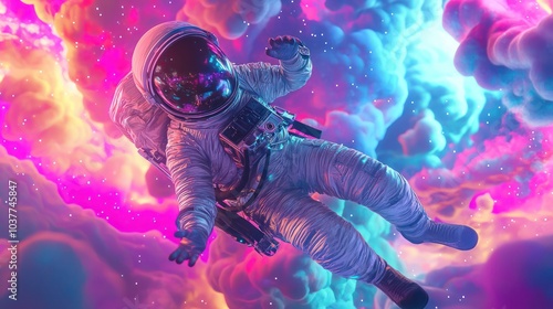 Psychedelic Retro Wave Astronaut floating in a vibrant cosmic setting; a fusion of nostalgia and futurism.