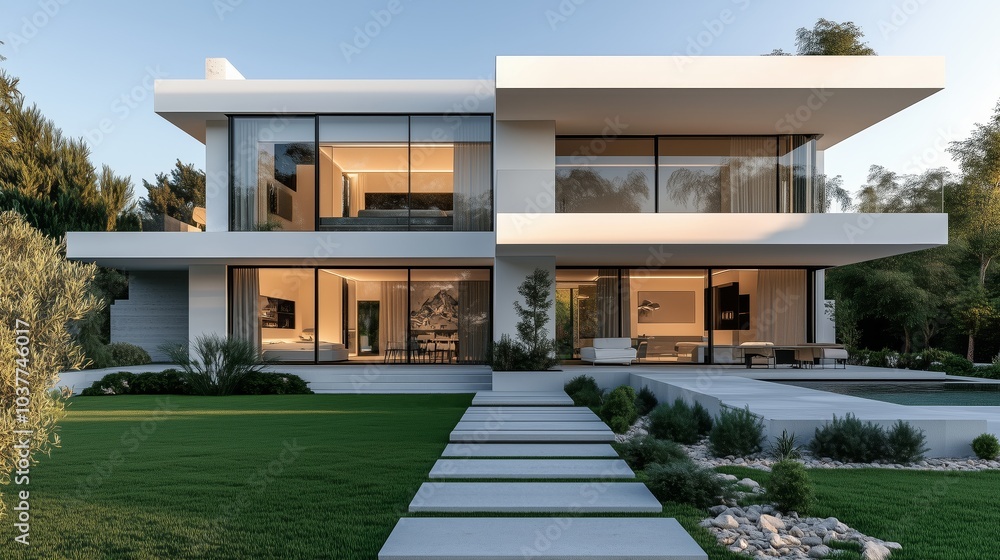 A modern white villa with a lawn in the garden, a minimalist style with large windows and sliding doors on two floors A modern white villa with a lawn in the garden, a minimalist style with large windows and sliding doors on two floors