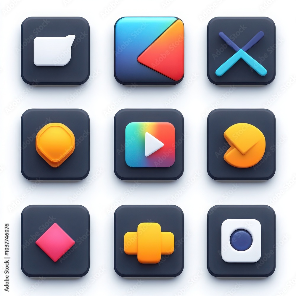 Modern Colorful App Icons: A set of nine vibrant and modern app icons, designed in a 3D style with clean lines and bold colors. Modern Colorful App Icons: A set of nine vibrant and modern app icons, designed in a 3D style with clean lines and bold colors.