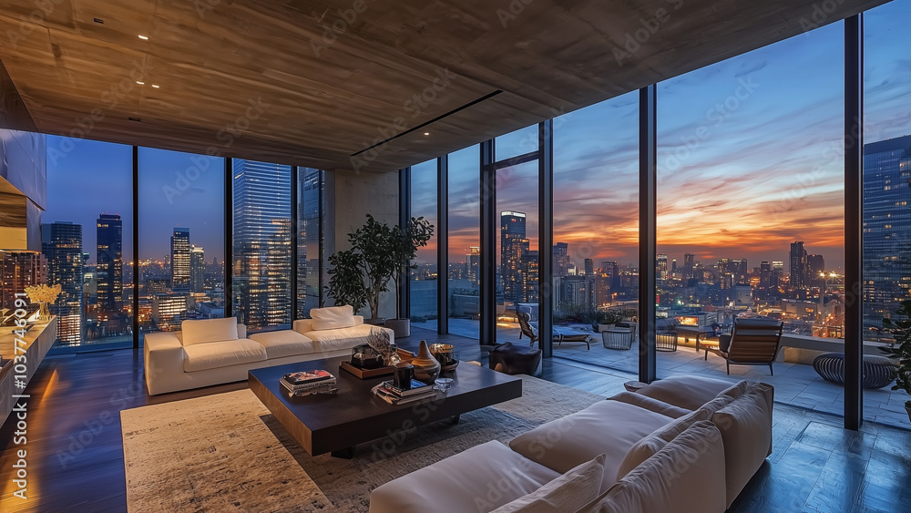 Fototapeta premium Luxurious Penthouse with Skyline Views and Elegant Design