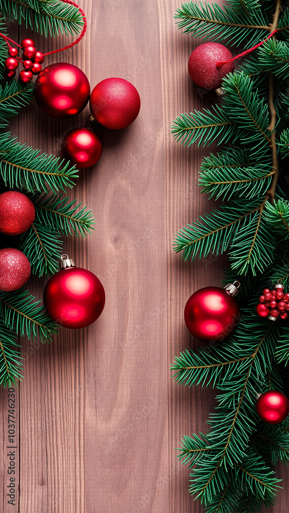 red christmas ornaments evergreen branches on wooden surface red christmas ornaments evergreen branches on wooden surface