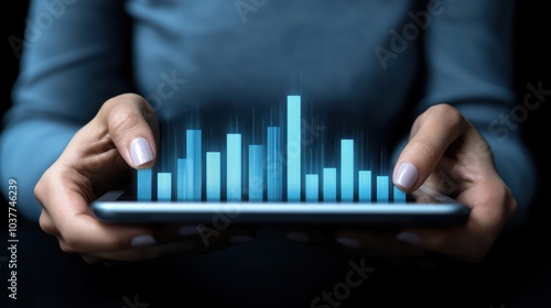 Person holding smartphone displaying digital data visualization on dark background.