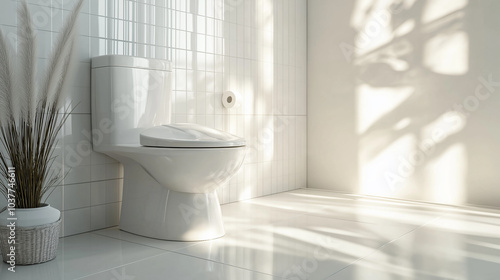 Minimalist Bathroom Scene with a Modern White Toilet, Clean White Tiles, Soft Natural Lighting, Generative AI