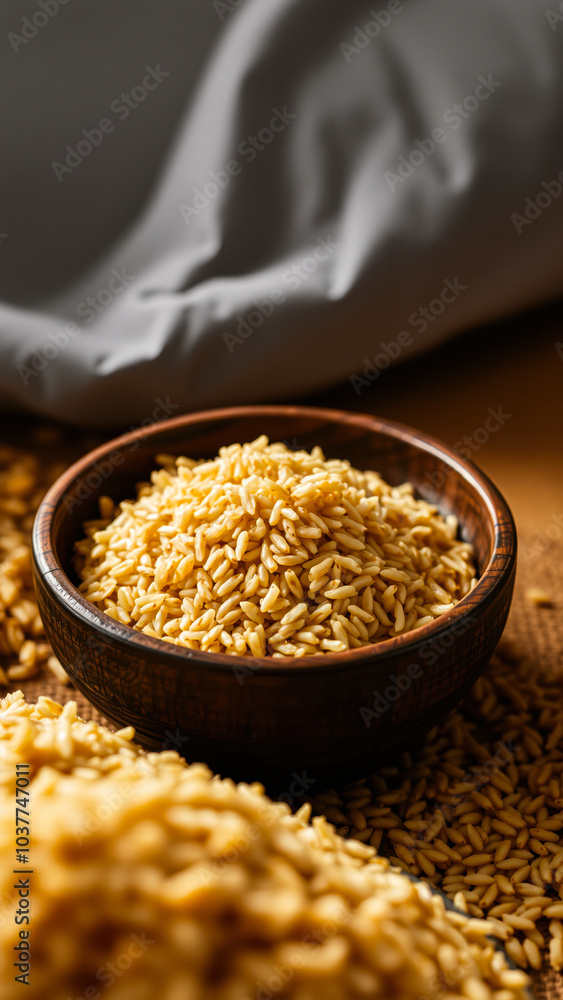 wooden bowl golden rice grains wooden bowl golden rice grains