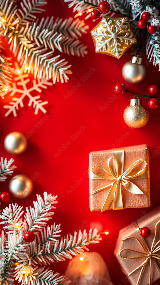 frosted pine sprigs golden ornaments on a red background frosted pine sprigs golden ornaments on a red background