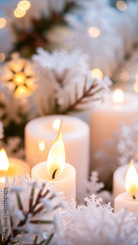 illuminated white candles amidst delicate snowflake decor