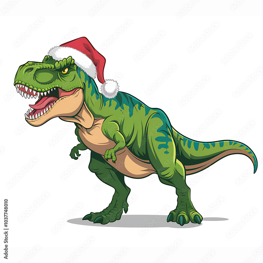 Fototapeta premium Christmas T-Rex Dinosaur Wearing Santa Hat - Funny Holiday Dino Festive Design 