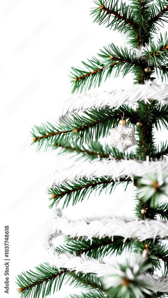pine tree branch with a white garland a silver star ornament pine tree branch with a white garland a silver star ornament