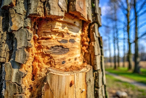 Macro close-up of a damaged tree trunk by emerald ash borer insect in North America photo