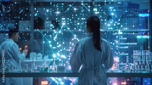 Two scientists work in a futuristic laboratory, focusing on a complex digital display. The image emphasizes innovation and scientific advancement.