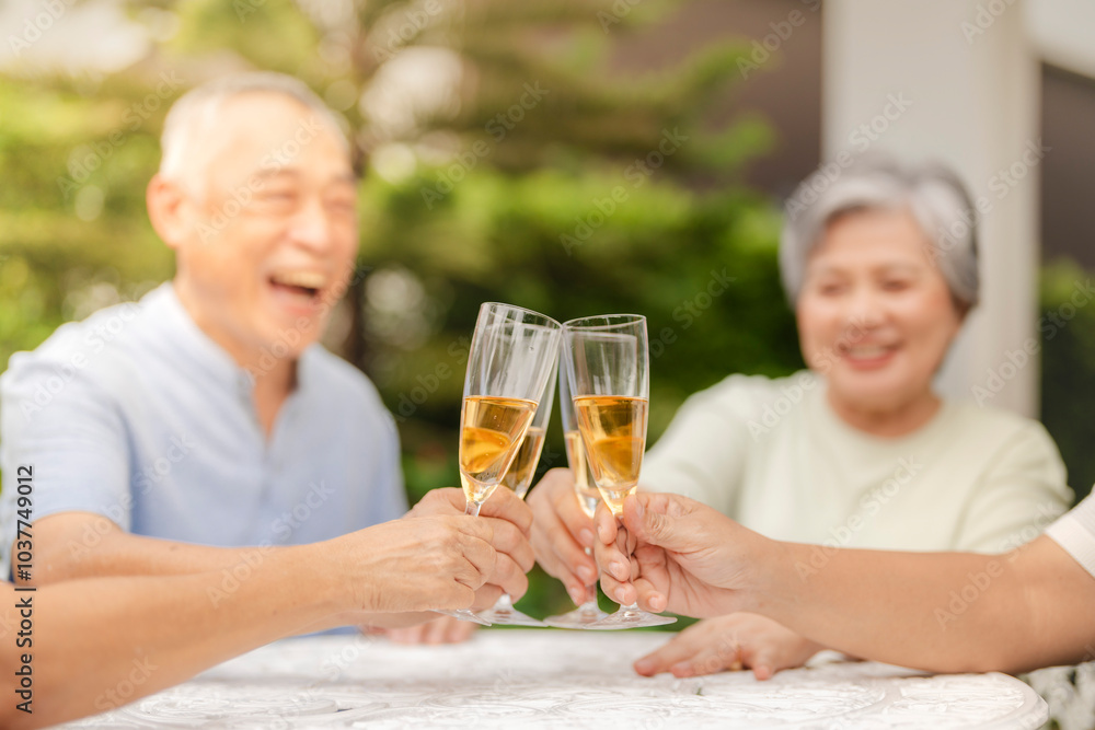 A group of people clink champagne glasses together in a celebratory toast. The image conveys joy, celebration, and togetherness in an outdoor setting, symbolizing special moments and shared happiness. A group of people clink champagne glasses together in a celebratory toast. The image conveys joy, celebration, and togetherness in an outdoor setting, symbolizing special moments and shared happiness.