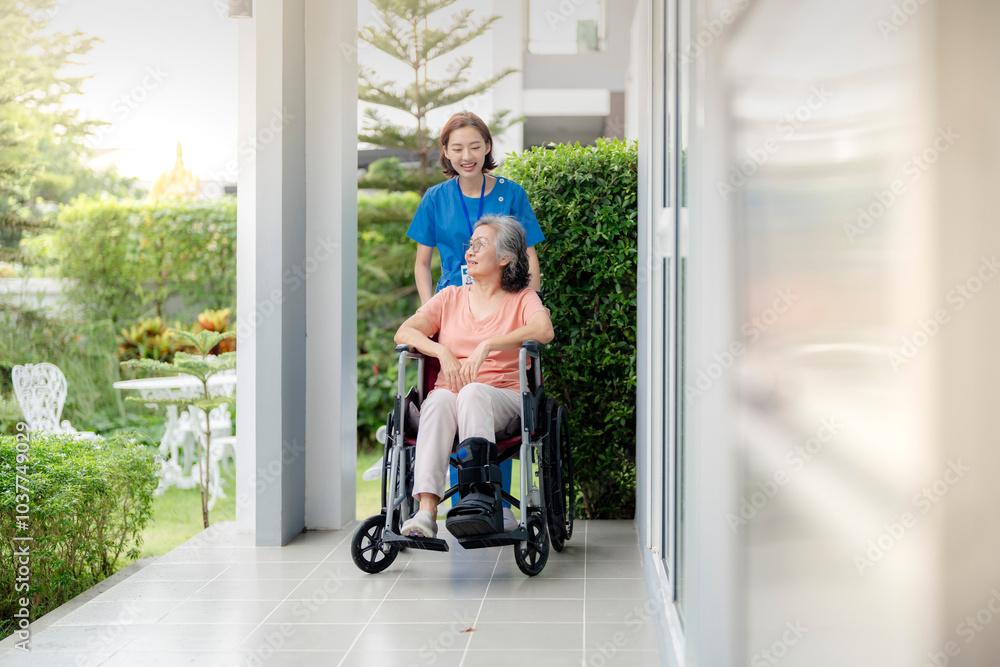 An elderly woman in a wheelchair shares a conversation with a caring healthcare professional in an outdoor setting. The scene highlights support, healthcare, and emotional well being in a peaceful. An elderly woman in a wheelchair shares a conversation with a caring healthcare professional in an outdoor setting. The scene highlights support, healthcare, and emotional well being in a peaceful.