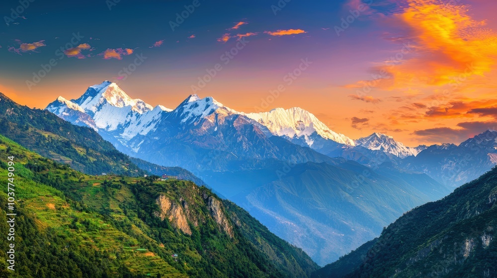 Majestic Snow-Capped Mountain Range at Sunset