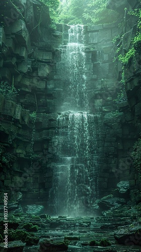 Serene Waterfall in Lush Green Forest