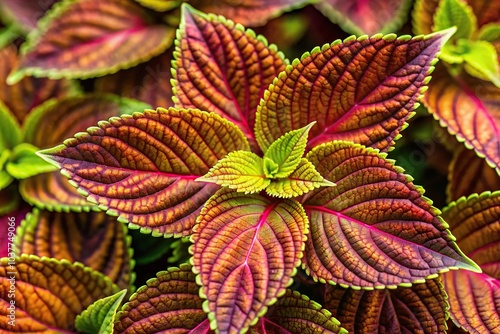 Macro close-up of lush and luxurious coleus leaves, perfect for botanical and nature backgrounds