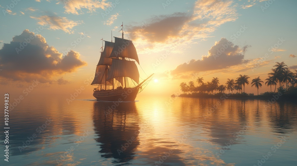 Fototapeta premium A majestic ship sailing at sunset, reflecting on calm waters.