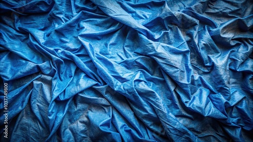 Macro dirty crumpled blue synthetic fabric with light and shadow pattern