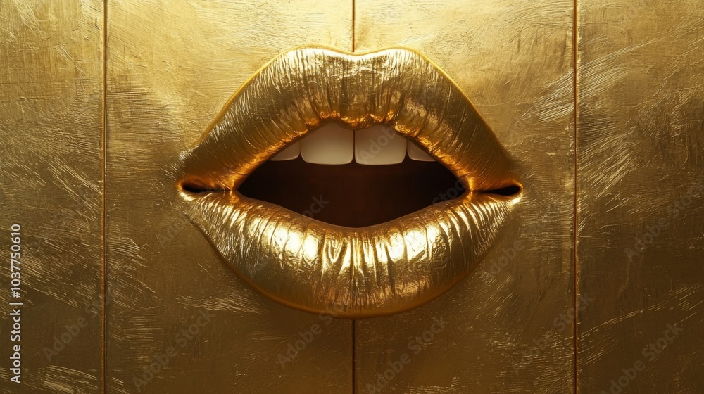 Golden lips isolated. Open mouth on a clean gold panel Golden lips isolated. Open mouth on a clean gold panel