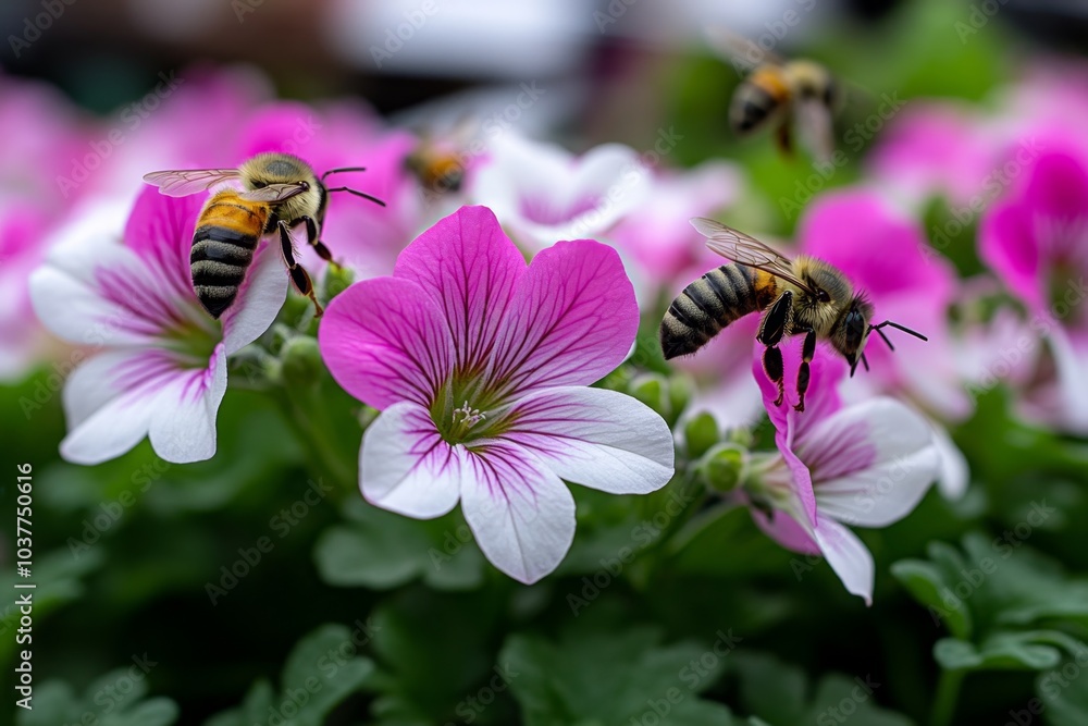 A bed of pink and white Geraniums growing in a sunny garden, with bees flitting between the blooms A bed of pink and white Geraniums growing in a sunny garden, with bees flitting between the blooms