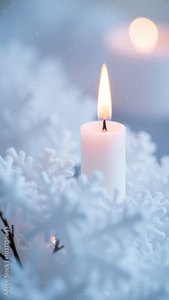 single candle gleams among white snowflakes single candle gleams among white snowflakes