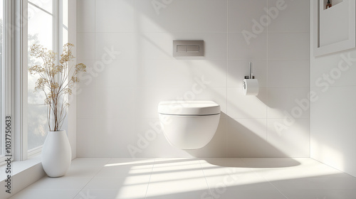 Minimalist Bathroom Scene with a Modern White Toilet, Clean White Tiles, Soft Natural Lighting, Generative AI
