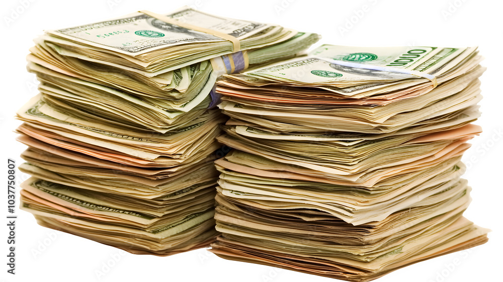 Stacks of Cash Bundled in Neat Piles, transparent bg Stacks of Cash Bundled in Neat Piles, transparent bg