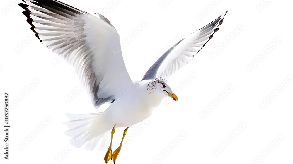 Fototapeta premium Majestic Seagull in Flight Over White Background, transparent bg