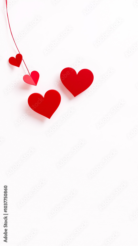 red paper hearts hanging on a white background red paper hearts hanging on a white background