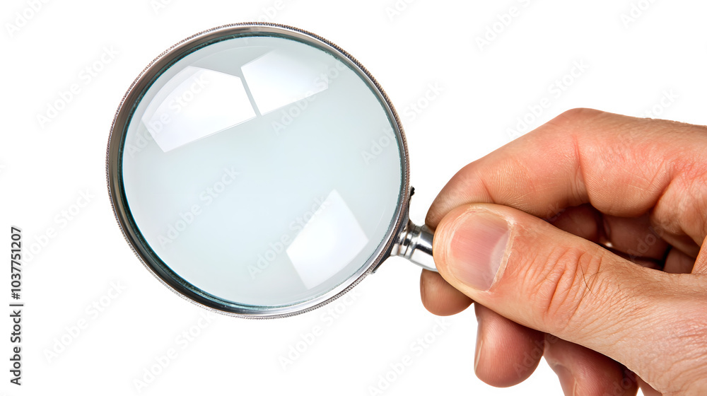 Hand Holding a Magnifying Glass on White Background, transparent bg Hand Holding a Magnifying Glass on White Background, transparent bg