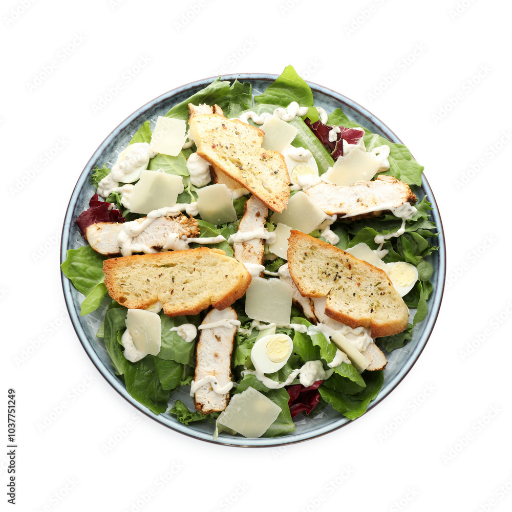 Tasty Caesar salad with chicken isolated on white, top view Tasty Caesar salad with chicken isolated on white, top view