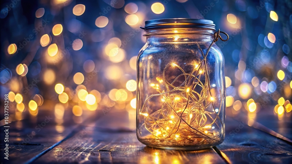 Macro magical fairy lights in glass jar glowing beautifully Macro magical fairy lights in glass jar glowing beautifully