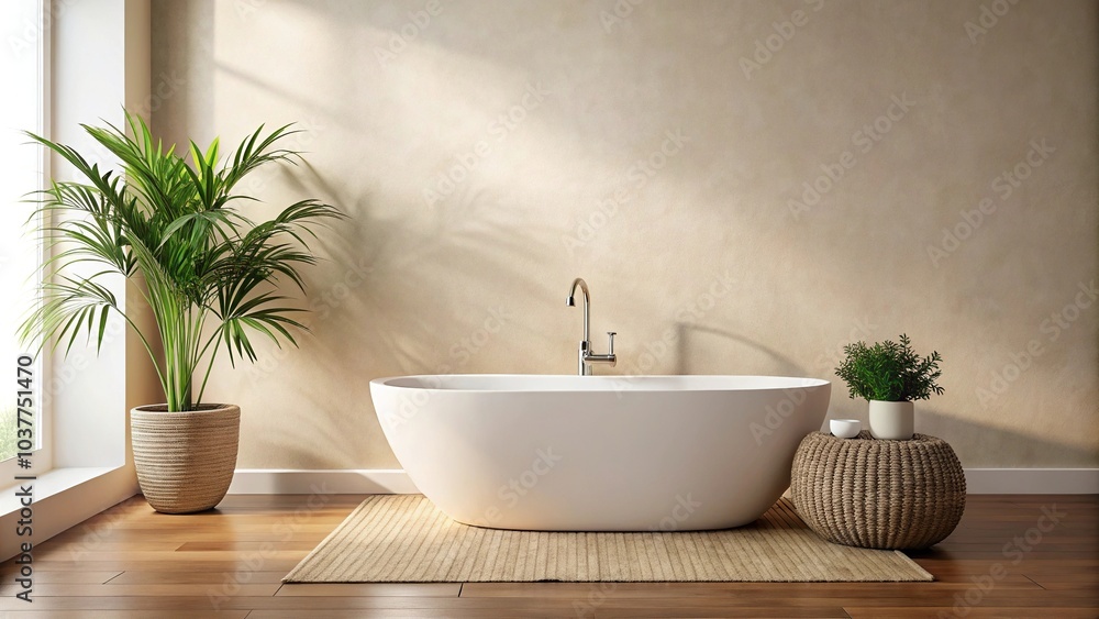 macro minimalistic white hotel bathtub with exotic flower wicker pot beige walls macro minimalistic white hotel bathtub with exotic flower wicker pot beige walls