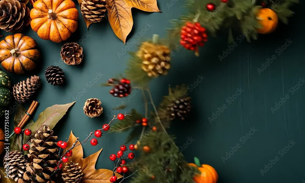 Autumnal Decoration with Pumpkins, Pine Cones, and Berries Autumnal Decoration with Pumpkins, Pine Cones, and Berries