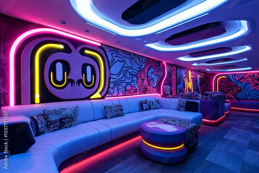 Obraz premium A cyberpunk-themed living room with neon lighting, futuristic furniture, and bold, glowing accents giving it a sleek, edgy atmosphere