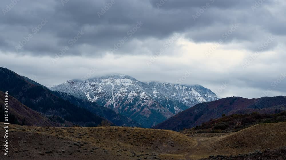 Timelapse looking down Provo Canyon towards Cascade Mountain with snow from early winter storm. Timelapse looking down Provo Canyon towards Cascade Mountain with snow from early winter storm.