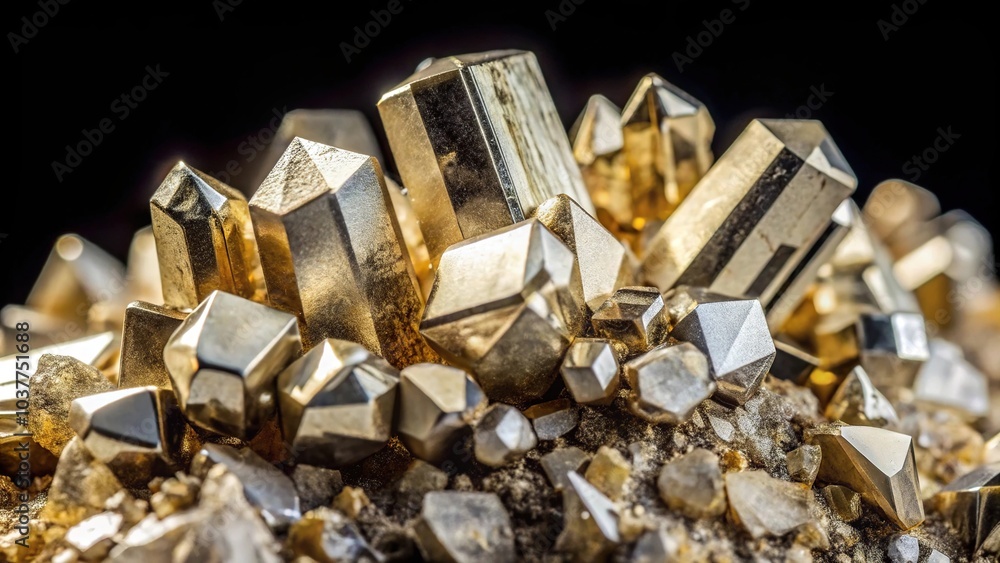 Macro of Pyrite mineral with quartz crystals in a symmetrical composition Macro of Pyrite mineral with quartz crystals in a symmetrical composition