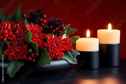 A dark, gothic arrangement of Chrysanthemums and Monarda, placed in a candlelit room with deep shadows and dramatic lighting photo