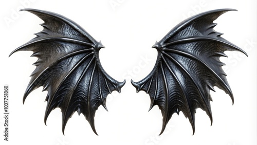 Macro pairs of black devil wings isolated with clipping path on white background