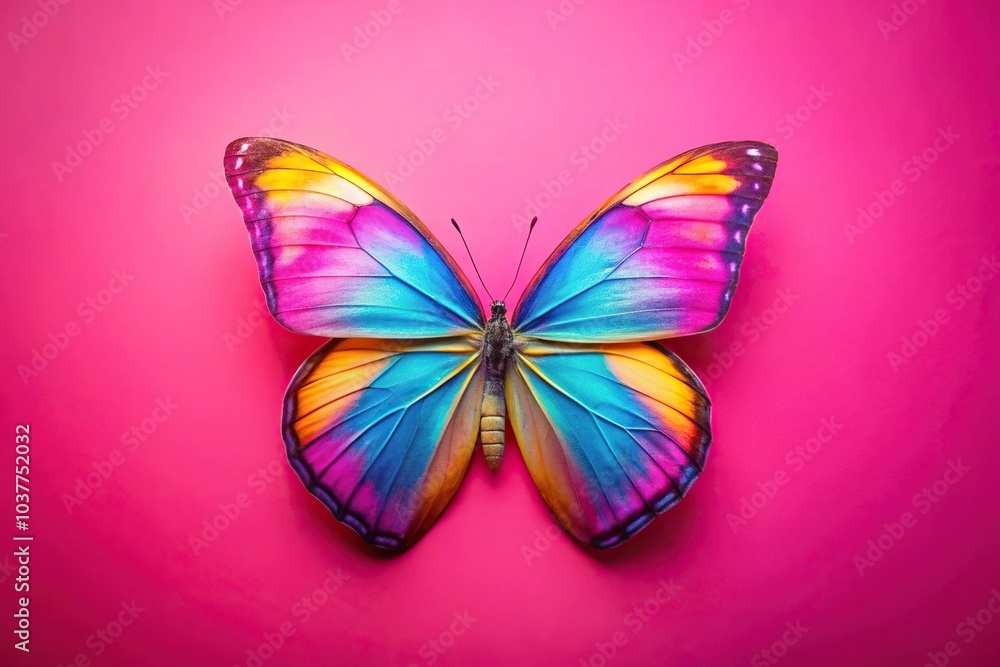 Macro photo of a pink blue and yellow butterfly on a pink background Macro photo of a pink blue and yellow butterfly on a pink background