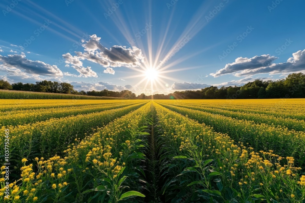 Obraz premium A field of Goldenrod flowers stretching towards the horizon, glowing golden in the late afternoon sun