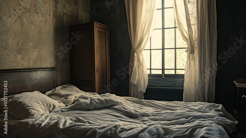 A cozy bedroom with soft sunlight filtering through sheer curtains in the morning hours