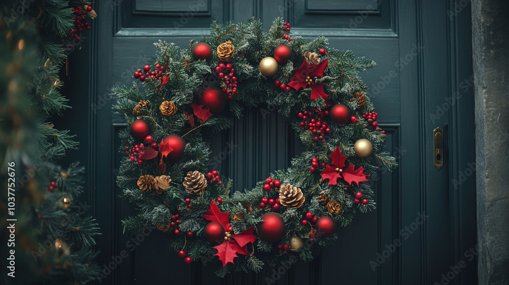 Festively decorated Christmas wreath hung on a dark green door during the holiday season Festively decorated Christmas wreath hung on a dark green door during the holiday season